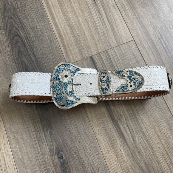 Vintage Western Turquoise & Silver White Leather Belt Hand Tooled STUNNING - Picture 1 of 8